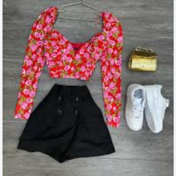 Zara Red and Pink Floral Print Long Puff Sleeve Crop Top Size M/S - Picture 7 of 8